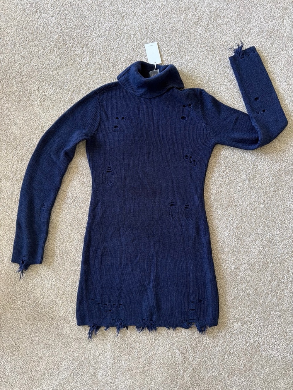 Turtleneck Distressed Knit Sweater Dress - Navy
